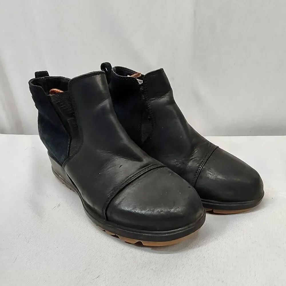 Sorel Women's 7.5 Evie Pull-On Bootie Waterproof Black Suede Leather Wedge Ankle